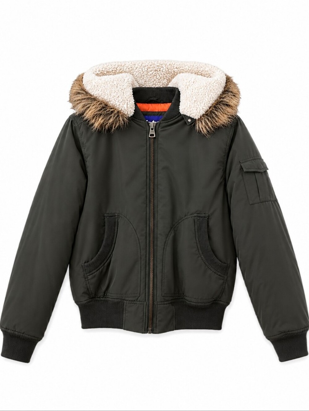 Madden Girl XL Bomber Jacket Faux Fur Hood Sherpa Lined Olive Green